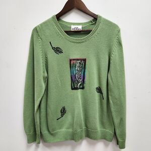 Vintage Julianne Sweater Size XL Green Leaves Crewneck Nature Art to Wear